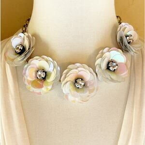 J. Crew White Iridescent Floral Gold Tone Statement Necklace